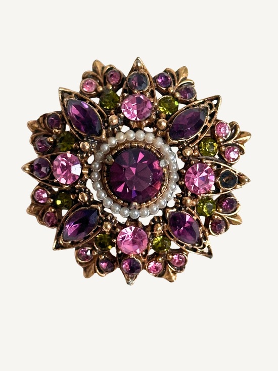 Florenza Jewelry - Vintage Florenza Brooch Amethyst Purple Pink Olivine Rhinestone Pearl